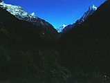 104 Looking Up Modi Khola Valley with Annapurna III and Machapuchare I left Chomrong (2210m) at 6:20 and descended a couple of thousand stone steps to lower Chomrong, crossed the Chomrong Khola (1860m) at 6:50, and then trekked steeply uphill to Sinuwa (2340m), reaching the bottom of the village at 7:25, stopping for a Coke and then leaving the upper part of the village at 8:00. Next day we entered the gorge proper of the Modi Khola. It was an incredibly impressive place, dense forest of gnarled trees and dead bamboos that looked like skeletons in its bed and lower flanks, huge walls towering on either side. Waterfalls cascaded down and the river in the bed of the gorge set up a restless thunder (Chris Bonington, Annapurna South Face).